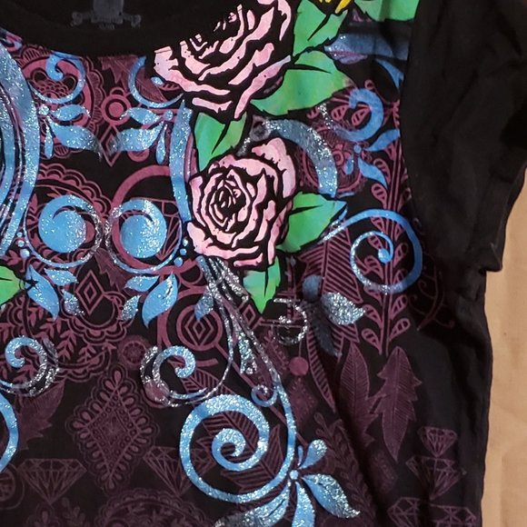 Black short sleeve shirt, Size XL (16-18), Gold, Blue, Pink & purple design - Picture 5 of 11